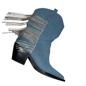 Azalea Wang TooCute Denim Rhinestone Fringed Mid Calf Cowboy Boots Size 7‎ NEW
